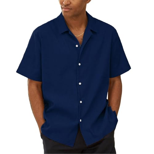 WENKOMG1 Button Down Shirt for Men Solid Color Short Sleeve Loose Fit Casual Tshirts Shirt Summer Lightweight Beach Shirt, Polo Shirt for Men T Shirts Mens Golf Shirts Hawaiian Shirt(Navy 2,Large)