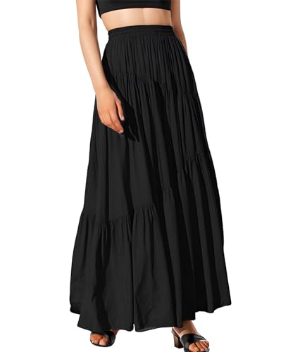 Cnlinkco Black Skirt Flowy Swing Long Pleated Skirts Maxi Summer Pleated A-Line Skirts with Pockets Black L