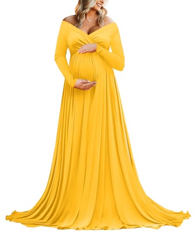 Saslax Maternity Off Shoulders Long Sleeve Half Circle Gown for Baby Shower Photo Props Dress Yellow X-Large