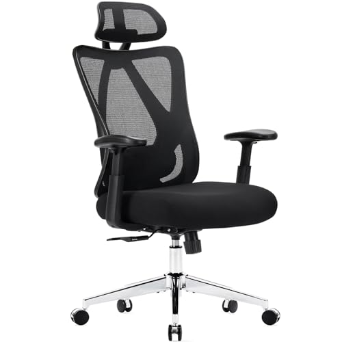 Sweetcrispy Ergonomic Office Desk Computer Chair, High Back Comfy Swivel Home Gaming Mesh Chairs with Wheels, Adjustable Lumbar Support, Headrest, Liftable 2D Arms,135° Tilt for Bedroom, Study, Black