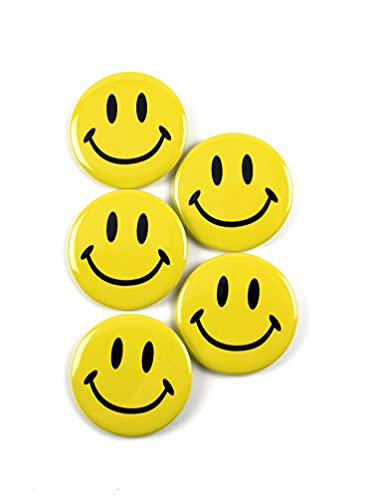 Classic Smiley Face Pinback Buttons - 2.25 Inch Round - 5 Pack