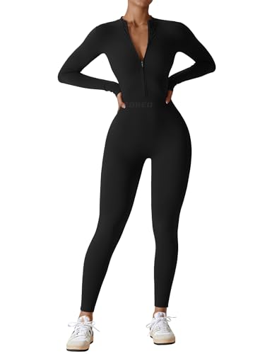 YEOREO Women Long Sleeve Workout Jumpsuit Zip Up Romper Bottom Pants Bodysuit Bodycon Sexy One Piece Black M