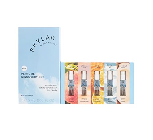 Skylar Perfume Discovery spray Sampler Set - Peach Fields, Vanilla Sky, Lime Sands, Salt Air, Coconut Cove - Hypoallergenic & Clean Perfume for Women & Men - 5 1.5mL