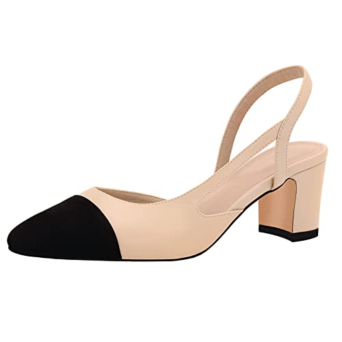 MICIFA Slingback Heels for Women，Round Toe Low Chunky Heeled Pumps with Ankle Strap， Fashion Splicing Office Shoes Nude