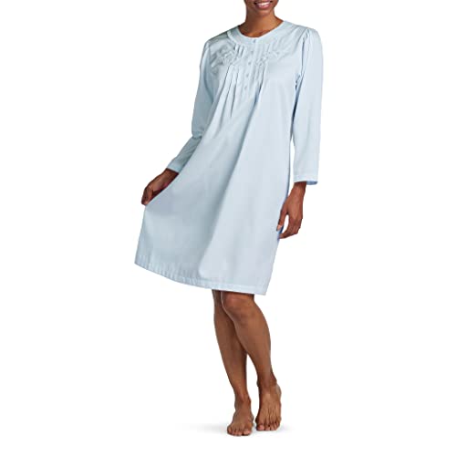 Miss Elaine Short Nightgown - Brushed Back Satin, Lightweight, Embroidered Trim, Sleepwear & Loungewear (Small, Light Blue)