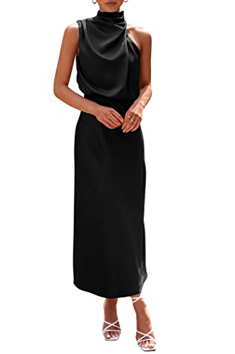 PRETTYGARDEN Women's 2024 Summer Satin Dress Elegant Sleeveless Mock Neck Cocktail Party Maxi Dresses (Black,Large)