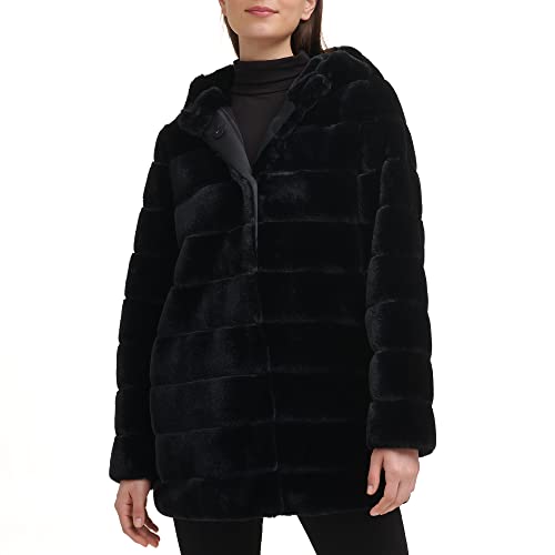 KENNETH COLE Women's Classic Mink Style Faux Fur Coat, Black, Medium