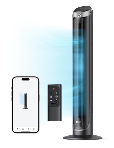 Dreo Smart Tower Fan for Bedroom, Standing Fans for Indoors, 90° Oscillating, Quiet 26ft/s Velocity Floor Fan with Remote, 5 Speeds, 8H Timer, Voice Control Bladeless Room Fan, Works with Alexa