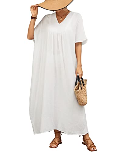 Bsubseach Caftans for Women Swimsuit Cover Up Short Sleeve Kaftan Beach Coverup Resort Wear Dress White