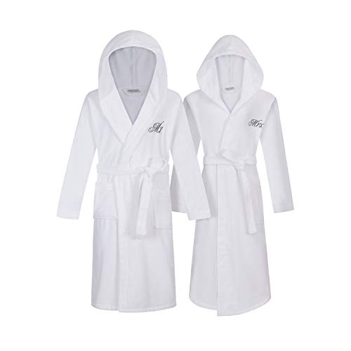 Romance Helpers Mr and Mrs Robes | Set of 2 Hooded Mr & Mrs Robes for Couples | Extra Thick| Long Sleeves | 100% Terry Cotton | Shawl Collar