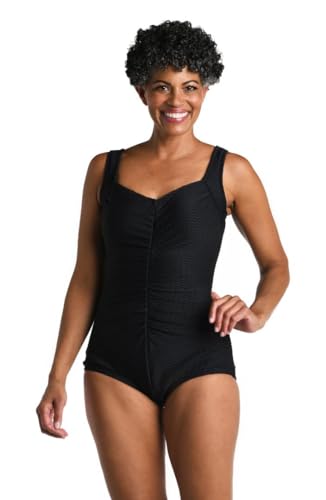 Maxine of Hollywood Women's Standard Shirred Front Girl Leg One Piece Swimsuit, Black//Textured spa Solid, 16