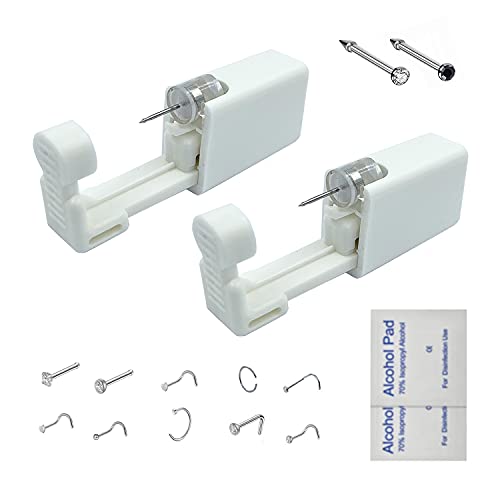 GCHSSS 2 Pack Nose Piercing Kit, Disposable Safe Sterile Piercing Unit For Self Nose Piercing Gun, Nose Stud Tool with Free 10 Nose Rings (White+Black)