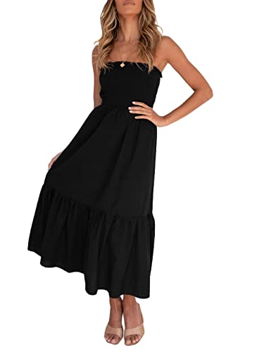 ZESICA Women's 2024 Summer Strapless Dress Off Shoulder Sleeveless High Waist Solid Color Beach Long Dresses,SolidBlack,Large