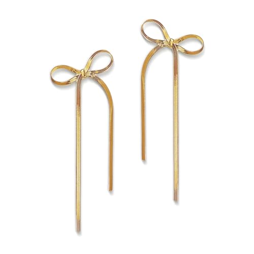 JeanBeau Gold Bow Dangle Drop Tassel Earrings for Women Girls Statement Elegant Long Chain Dangly Ribbon Fringe Waterfall Dangling Wedding Prom Fashion Jewelry Gift