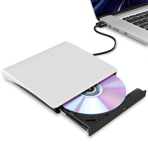 Hcsunfly External CD/DVD Drive for Laptop, USB 3.0 Ultra-Slim Portable Burner Writer Compatible with Mac MacBook Pro/Air iMac Desktop Windows 7/8/10/XP/Vista (White)