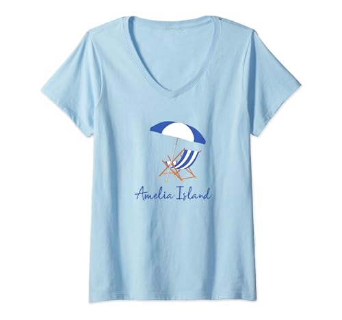 Womens Amelia Island Florida Nautica Striped Beach Umbrella Chair V-Neck T-Shirt