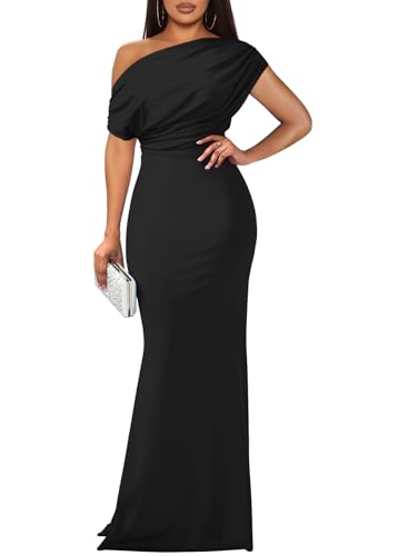 YMDUCH Women's Elegant Sleeveless Off Shoulder Bodycon Long Formal Party Evening Dress Black