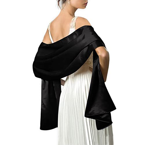 MLMW Satin shawl wraps for Evening Dresses for Women Extra Long for Wedding, Bridal Party (Black)