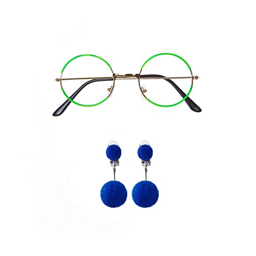 Green Glasses with Blue Clip-on Earrings Round Metal No Lens Costume Accessories