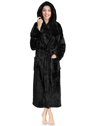 PAVILIA Women Hooded Plush Soft Robe | Fluffy Warm Fleece Sherpa Shaggy Bathrobe (L/XL, Black)