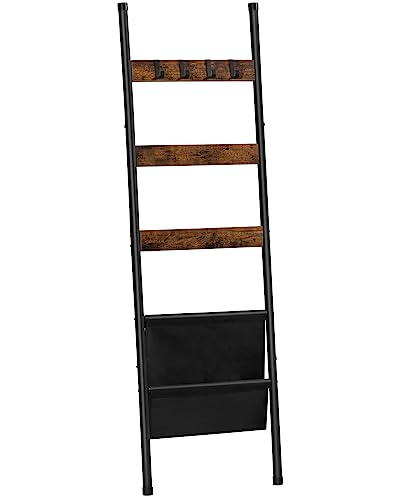 HOOBRO Blanket Ladder, 5 Tier Towel Rack, 17.3' L x 63' H, Wall-Leaning Blanket Rack for Living Room, Decorative Ladder with 4 Hooks and Magazine Pocket, Rustic Brown BF32CJ01