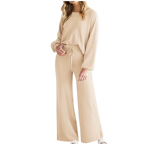 DOLKFU deals of the day clearance prime Womens 2 Piece Outfits Fasll Fashion Sweatsuit Wide Leg Pants Pullover Sweatshirt High Waist Wide Leg Pants Set Beige M