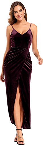 Ababalaya Elegant Spaghetti Strap Velvet Holiday Party Dresses for Women, Plum, S