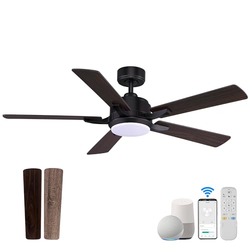 cumilo 52” Smart Ceiling Fanswith Lights Remote Control,Quiet DC Motor,Outdoor Indoor Modern Farmhouse Ceiling Fan work with Alexa App,Dimmable LED Light,Black/Brown for Bedroom Living Room Patio