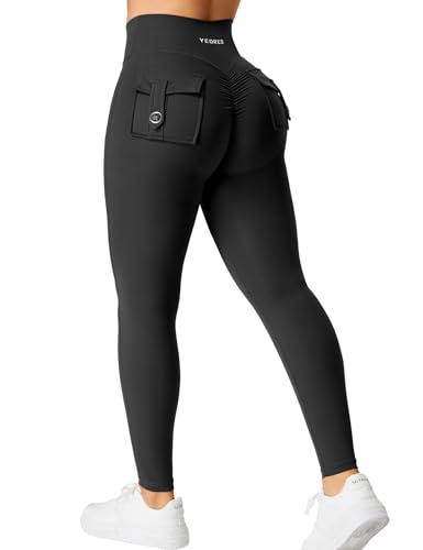 YEOREO Leggings with Pockets for Women Charm Leggings Workout Leggings for Women V Cross Waist Butt Lifting Gym Yoga Leggings Black