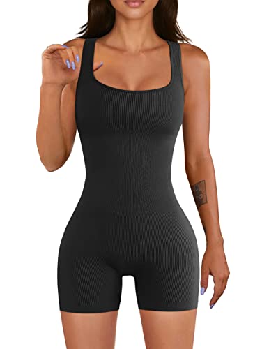 YIOIOIO Women Yoga Romper Workout Ribbed Square Neck One Piece Seamless Tank Top Jumpsuit