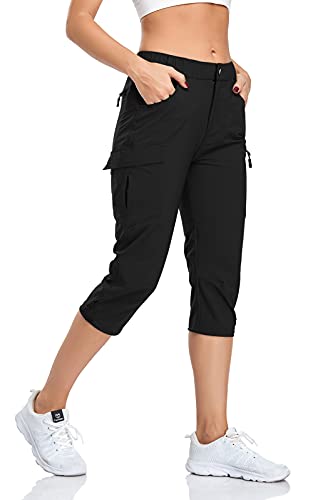 GymBrave Women's Hiking Cargo Pants Quick Dry Outdoor Camping Capris Water Resistant UPF 50 with Zipper Pockets Black