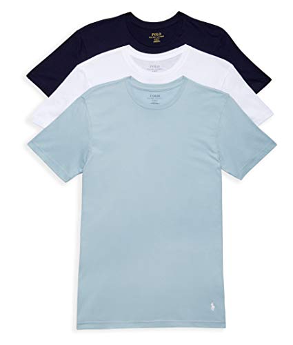 POLO Ralph Lauren Men's Classic Fit Cotton Crew Tee, White/Surf Blue, Surf Blue/White, Cruise Navy/White, Large