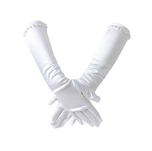 PURFUN Kids Girl Pincess Pearl Long Satin Gloves First Holy Communion Evening Prom Birthday Party Wedding Gloves for 6-10yrs White, Christmas Gift