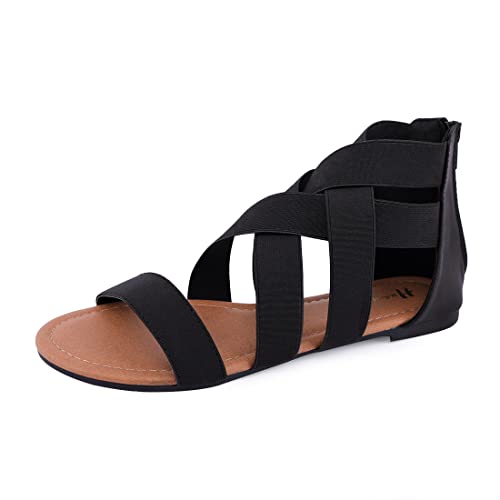 Women's Elastic Flat Sandals Gladiator Flat Sandals Ankle Strap Flat Sandals (8, Black)