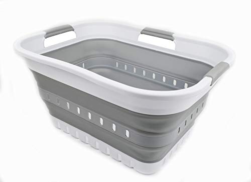 SAMMART 30L (8 gallon) Collapsible 3 Handled Plastic Laundry Basket - Foldable Pop Up Storage Container/Organizer - Space Saving Hamper/Basket (White/Grey)