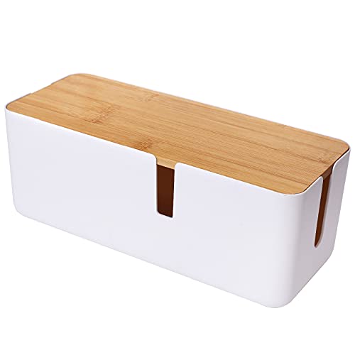 Changsuo Small Cable Management Box with Bamboo Lid for Extension Cord Power Stripe Surge Protector Wire Concealer Organizer Cover Hider (White)