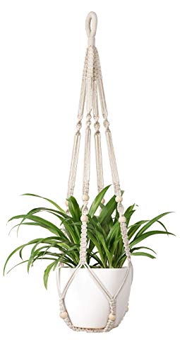 Mkono Macrame Plant Hanger Indoor Hanging Planter Basket with Wood Beads Decorative Flower Pot Holder No Tassels for Indoor Outdoor Boho Home Decor 35 Inch, Ivory (POTS NOT Included)