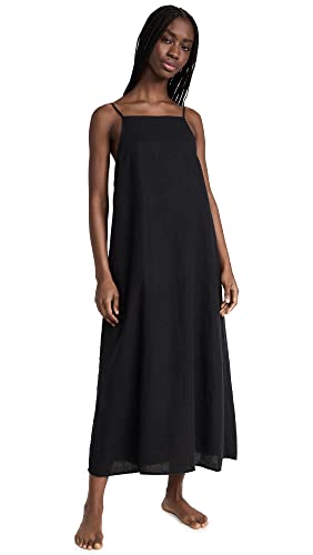 Desmond & Dempsey Square Slip Dress Nightgown (Small, Black Linen)