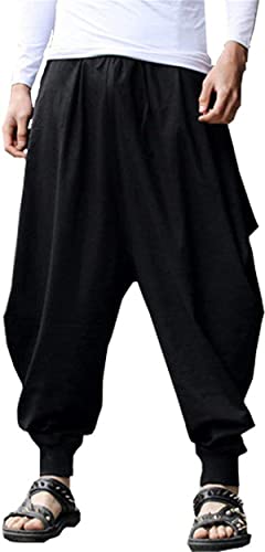 perdontoo Men's Casual Baggy Drawstring Hippie Boho Aladdin Harem Pants (32, Black)