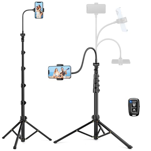 Phone Tripod Stand, 85' Tall Cellphone Tripod with Gooseneck Remote, Flexible Tripod Stand for iphone, Portable Phone Stand Tripod for Recording, Compatible with iPhone 14 13 12 pro Android Cell phone