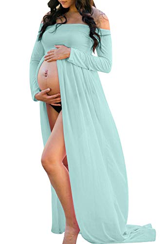 JustVH Maternity Off Shoulder Chiffon Gown Long Sleeve Split Front Maxi Photography Dress Light Green