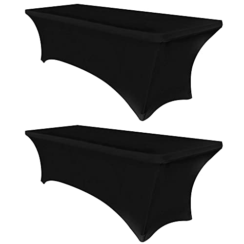 Obstal 6ft Stretch Black Spandex Table Cloth for Standard Folding Tables - 2 Pack Universal Rectangular Fitted Tablecloth Protector for Wedding, Trade Show, Vendor Stand