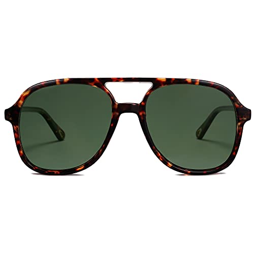 SOJOS Retro Polarized Aviator Sunglasses for Women Men Classic 70s Vintage Trendy Square Aviators SJ2174, Dark Tortoise/Green