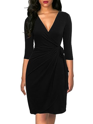 Berydress Women's Elegant Draped V Neck Knee Length Sheath Wedding Party Night Out Work Black Wrap Dress with 3/4 Sleeves (L, 6083-Black)