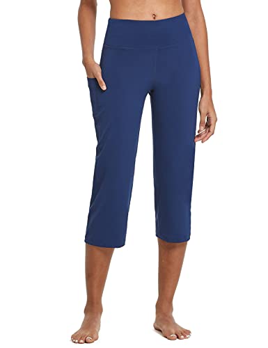BALEAF Yoga Pants for Women Capris High Waist Leggings with Pockets Wide Leg Exercise Workout Crop Straight Open Bottom Navy Blue XL