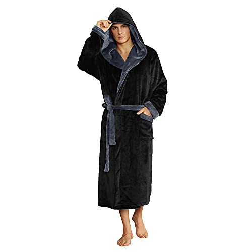 U2SKIIN Mens Fleece Hooded Robe Plush Bathrobe (Black/Dark Grey, L/XL)