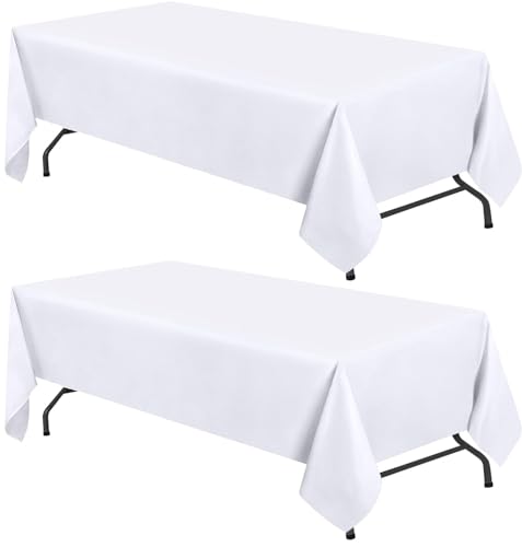WEALUXE White Table Cloths for 6 Foot Folding Tables [2 Pack, 60x102 Inches] White Tablecloths Rectangular, Stain and Wrinkle Resistant Washable Linen Fabric Cloth