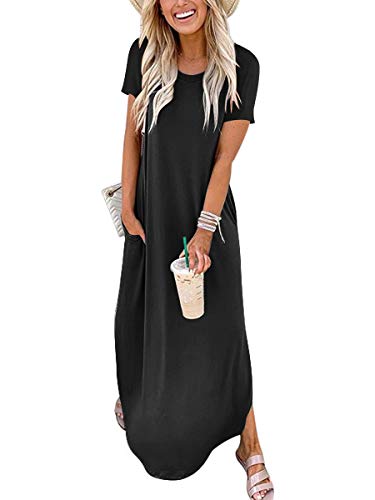 ANRABESS Women's Summer Casual Loose Short Sleeve Long T Shirt Dress Split Maxi Beach Sundress Travel Vacation Outfits Black A222heise-M