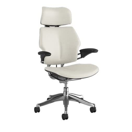 Humanscale Freedom Office Chair with Headrest - Ergonomic Work Chair with Height Adjustable Duron Arms - Wheels for Hard Flooring - Polished Aluminum Frame with Glacier Ticino Leather