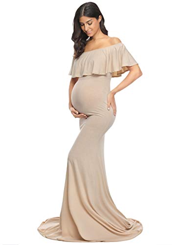 Glampunch Womens Off Shoulder Maternity Dress Ruffles Elegant Slim Gowns Fit Maxi Photography Dress Beige